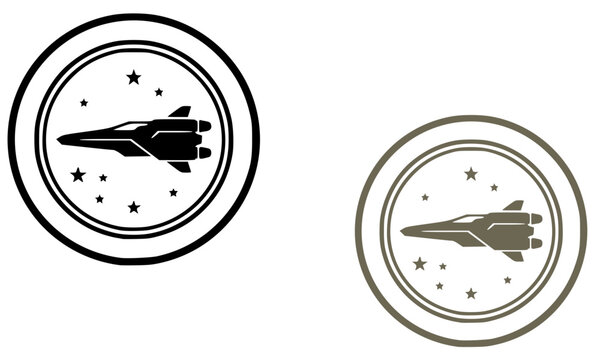 Two circular military aviation badge emblems featuring a fighter jet silhouette with stars in black outline and olive styles, bold vector icons perfect for aerospace, air force, and patriotic design p