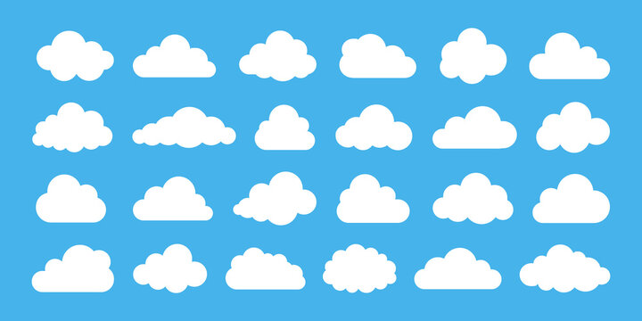 Collection of white fluffy clouds isolated on a bright blue sky background vector illustration.