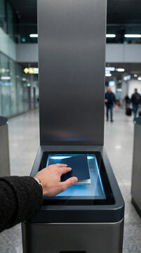 Man scanning passport at automated airport gate. Passenger using biometric kiosk for customs control identification. Electronic document verification and border security technology process.