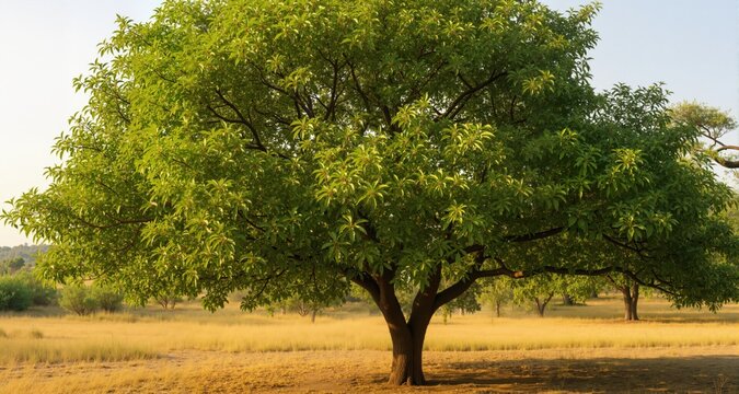 Serene marula tree with lush leaves in gentle breeze
