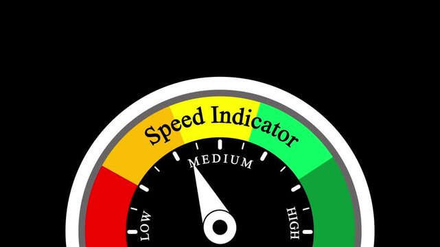 Speed indicator gauge animation with moving needle, measuring performance levels from low to isolated on black background