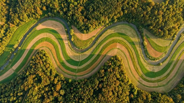 Aerial view of a meandering river snaking through lush green agricultural fields and dense forest canopy at sunset