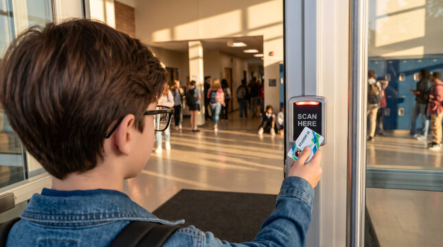 Student scanning an identification card at a school door electronic security reader