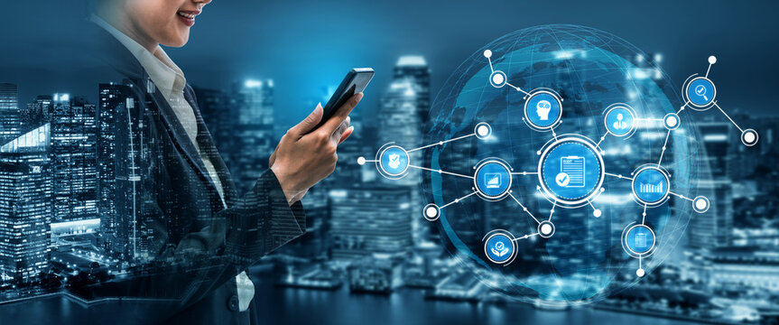 A business professional stands in a cityscape, using a smartphone surrounded by digital connection icons, illustrating the integration of technology in daily life. Tessel