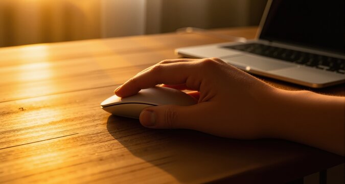 hand using computer mouse on wooden desk with laptop in golden hour light
