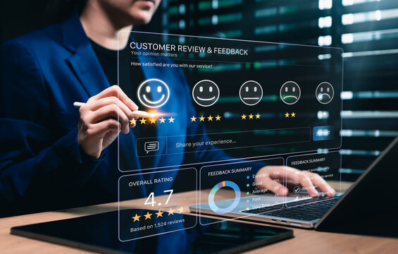 Customer review and feedback dashboard shows satisfaction rating, survey results and service experience analytics as businesswoman evaluates customer insights for quality improvement and retention