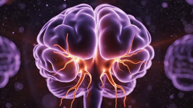 3D animation of human brain with glowing neural network connections