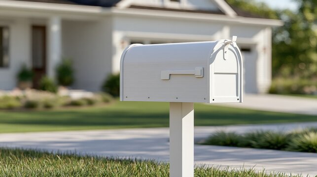 White mailbox on post in front of suburban house, residential mail delivery concept