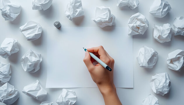 Hand holding pen over blank paper surrounded by crumpled paper balls on white background