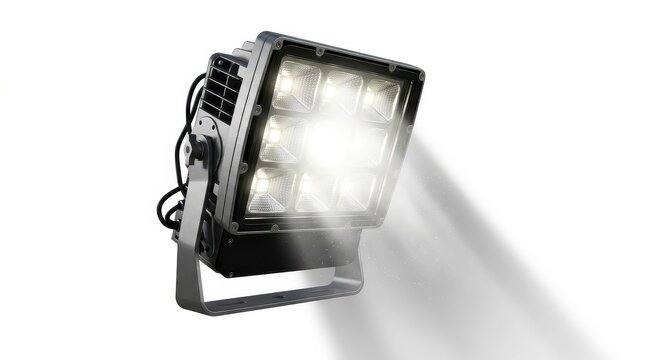 Industrial LED floodlight with bright white beam, professional stadium spotlight on white background, high-power outdoor security lighting
