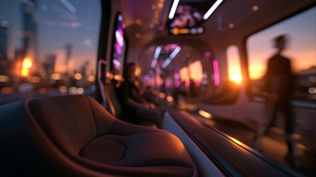 Futuristic Public Transport Interior at Sunset in Smart City