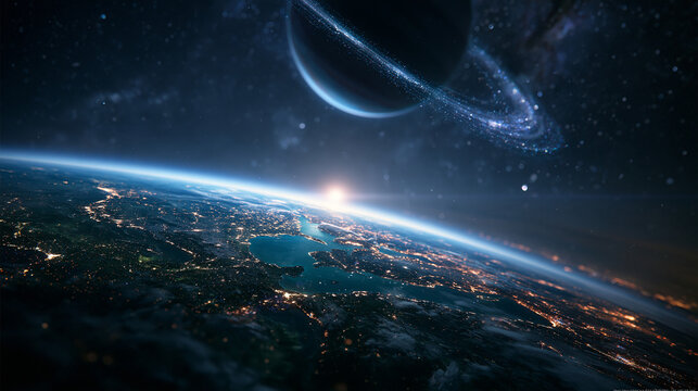 Earth View from Space with Ringed Planet and Sunrise
