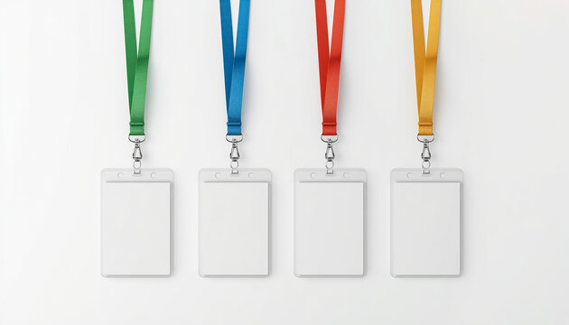 Four blank vertical ID badge holders with colorful lanyards on white background