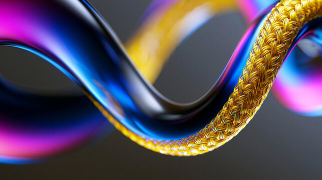 Abstract Futuristic Glowing Cable and Gold Braided Wire 3D Render