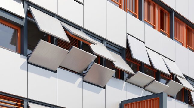 Modern office building facade featuring white solar panels and orange louvers.