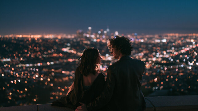 Romantic Couple Looking at Each Other Over City Skyline at Night