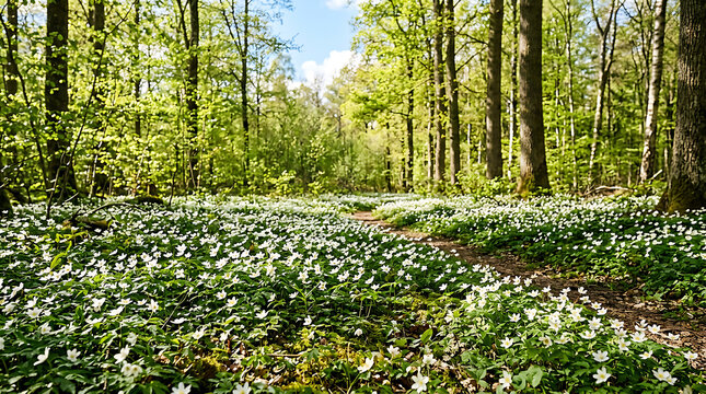 Dense forest floor covered with green moss and ferns under tall trees.