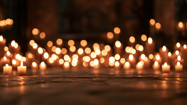 Warm Candle Lights Glowing in Dark Interior with Bokeh Background