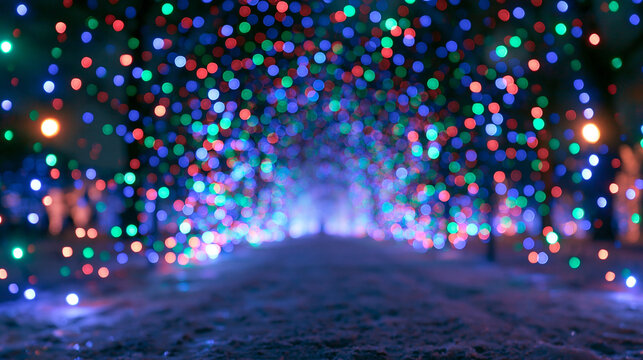 Abstract Bokeh Colorful Christmas Lights Tunnel at Night