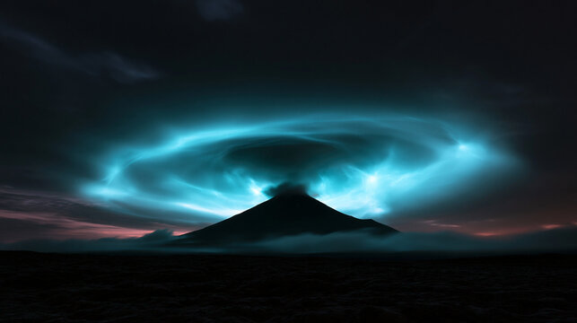 Surreal Glowing Blue Portal Cloud Over Mountain Peak at Night