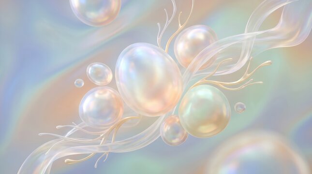 Soft pastel pearls and organic shapes with iridescent glow.