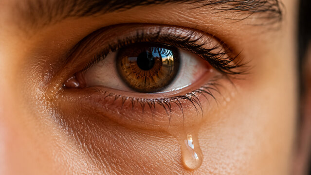 Close up of a human eye with a single tear drop, expressing deep sorrow and emotional pain.