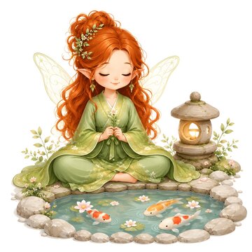 Red haired fairy in green robe meditating by koi pond with lantern
