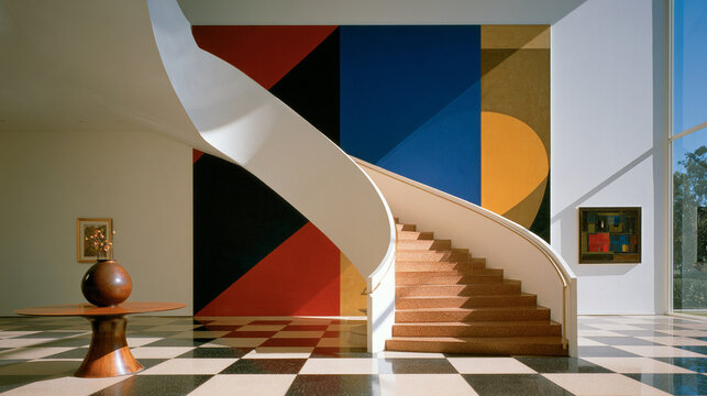 Sculptural white staircase in colorful postmodern gallery interior