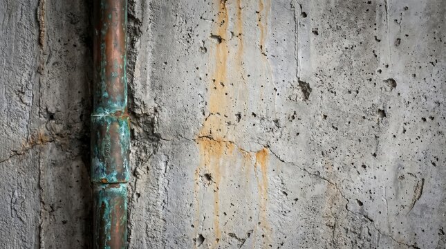 Weathered copper pipe against cracked concrete wall with rust stains and texture.