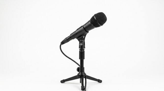Professional dynamic microphone on a tripod stand isolated on a white background