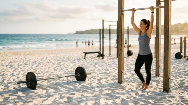 Woman exercising on beach pull-up bar during golden hour with barbell on sand, evoking fitness and wellness