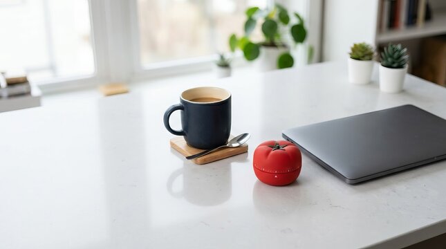 Pomodoro timer and coffee cup on a modern desk, symbolizing productivity and focus, with a laptop in a bright home office setting.