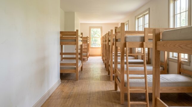 Rows of empty wooden bunk beds in a bright, clean summer camp dorm room with natural light, receding perspective.