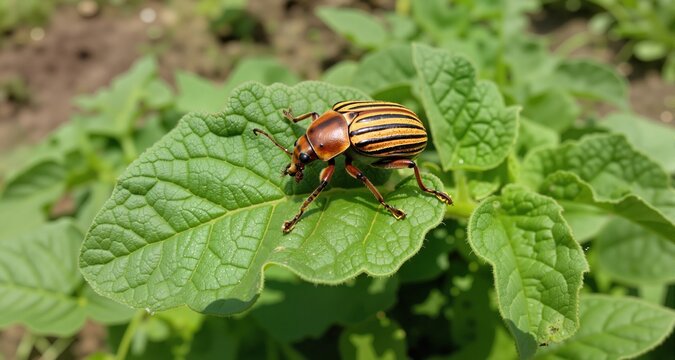 Colorado beetle eats a potato leaf

