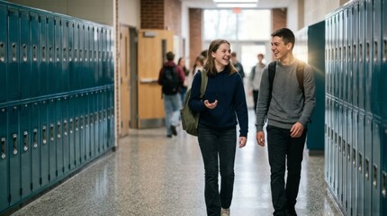Fototapeta premium Smiling Teenagers Chatting in Bright School Hallway with Lockers and Copy Space