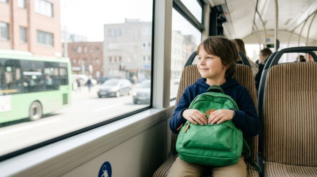 Young boy with green backpack looking out bus window, bright daylight commute, conceptualizing travel and education