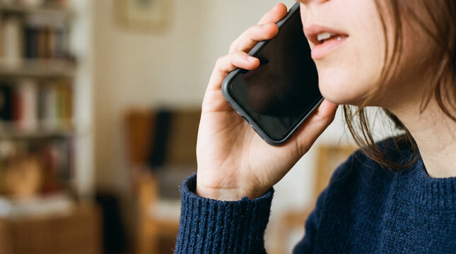 Young woman talking on smartphone in cozy home office, casual lifestyle communication.