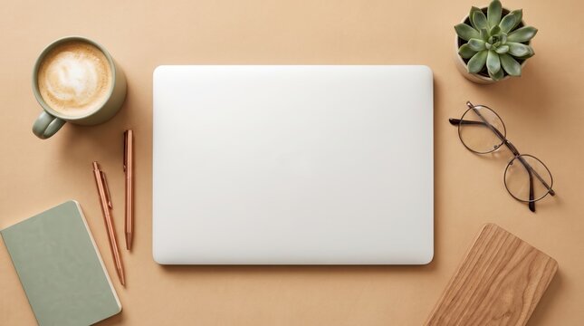 Minimalist office workspace top-down view with closed laptop and essential items.