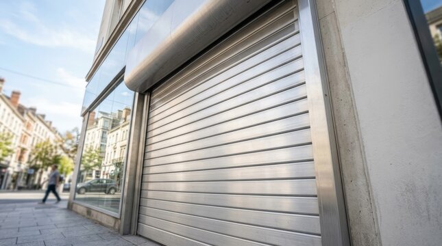 Closed storefront with metal roller shutters and clean glass storefront, offering ample copy space for modern retail branding