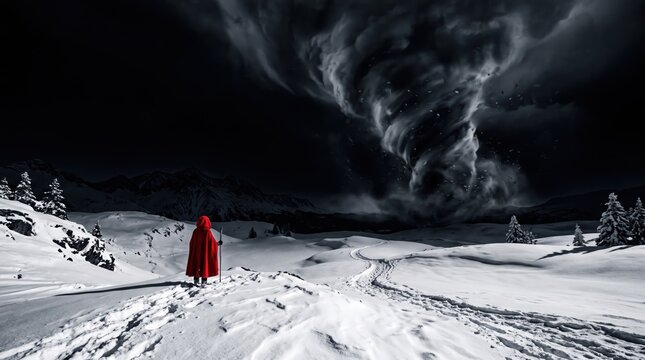 Person in red cloak standing in snowy landscape facing massive dark tornado cloud scenery.