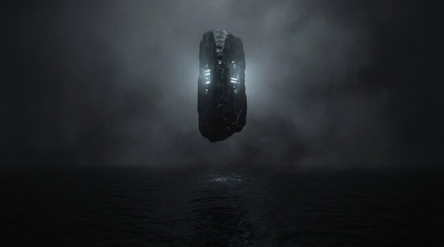 Dark monolith floating above water in mysterious fog at night, enigmatic, magical, science fiction.
