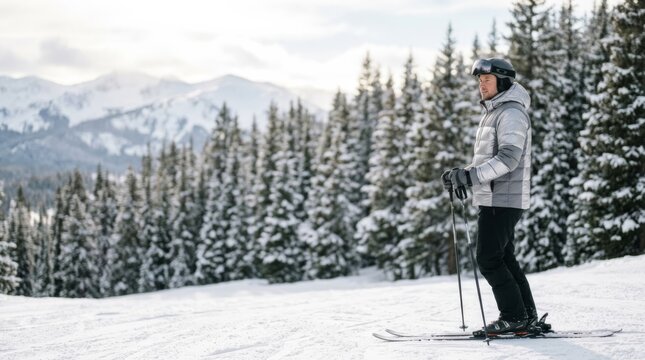 Skier in silver puffer jacket pauses on snowy slope with pine forest and mountains, bright winter lifestyle