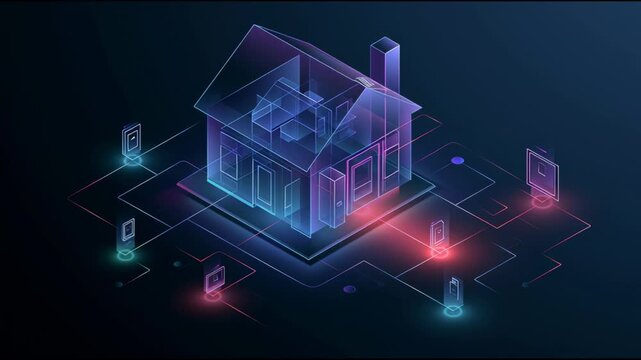 A house outline appears in a digital space with various devices surrounding it. Different devices show data and interact with the house model.