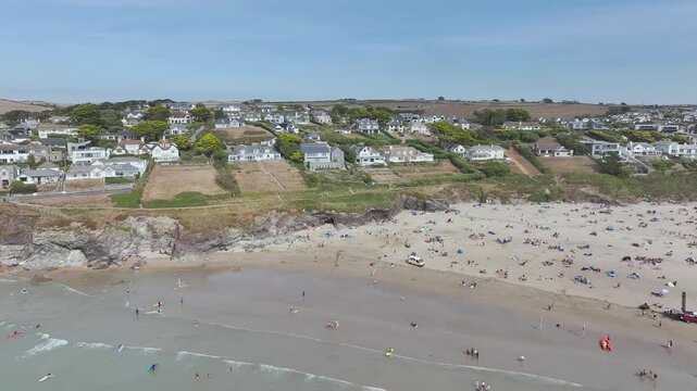 Polzeath Beach over Padstow Bay from a drone, Polzeath, Cornwall, England, Summer 2026