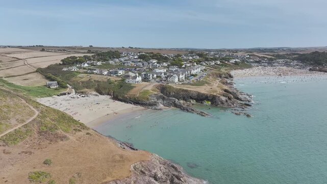 Polzeath Beach over Padstow Bay from a drone, Polzeath, Cornwall, England, Summer 2026