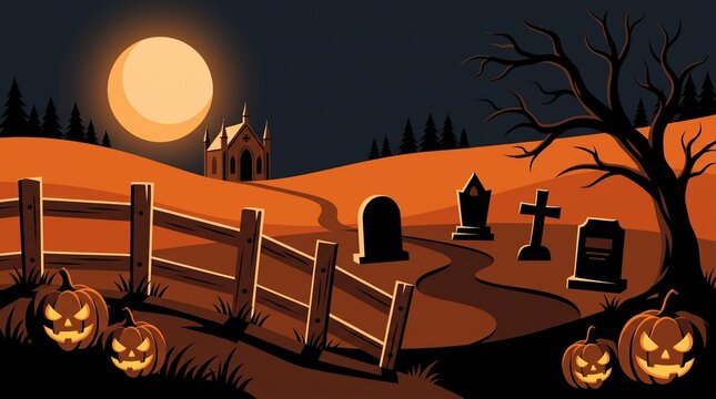 Spooky halloween graveyard scene featuring glowing jack o lanterns and a full moon in the dark night sky