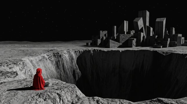 Red cloaked figure sits by massive crater in desolate lunar city landscape under starlight.