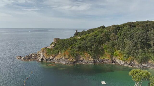 St Catherine's Castle over River Fowey from a drone, Fowey, Cornwall, England