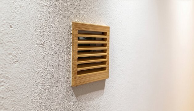 Modern wooden air vent cover on textured white wall