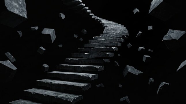 Abstract stone stairs floating in dark void with suspended concrete cubes for background.